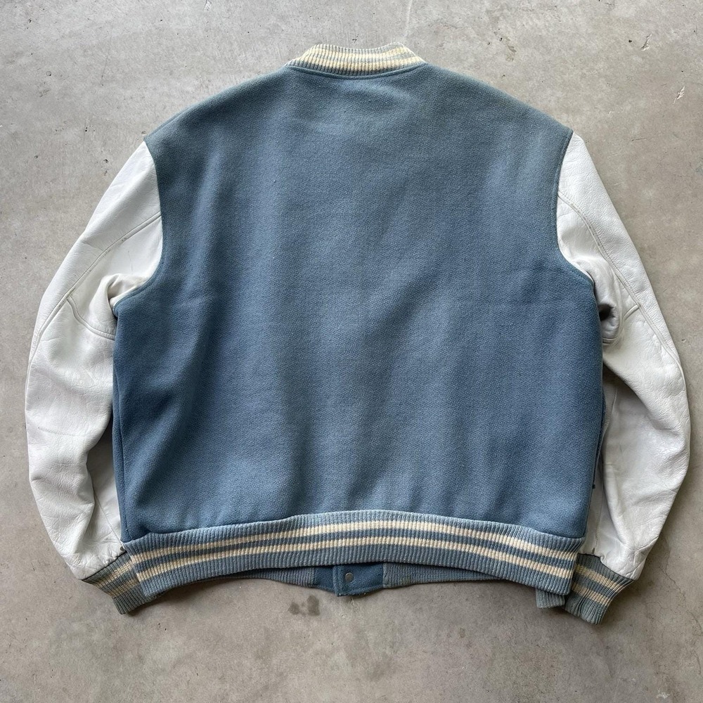 Vintage 60s Butwin Varsity Jacket Mens XL White Baby Blue Wool Leather Bomber - Picture 6 of 9